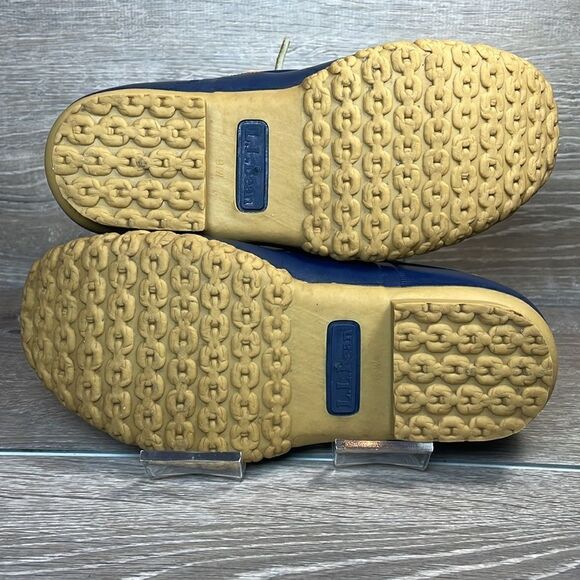 LL Bean Bean Boots Women’s Sz 6W Waterproof Tan Leather Navy Rubber Duck Boots - Picture 8 of 13